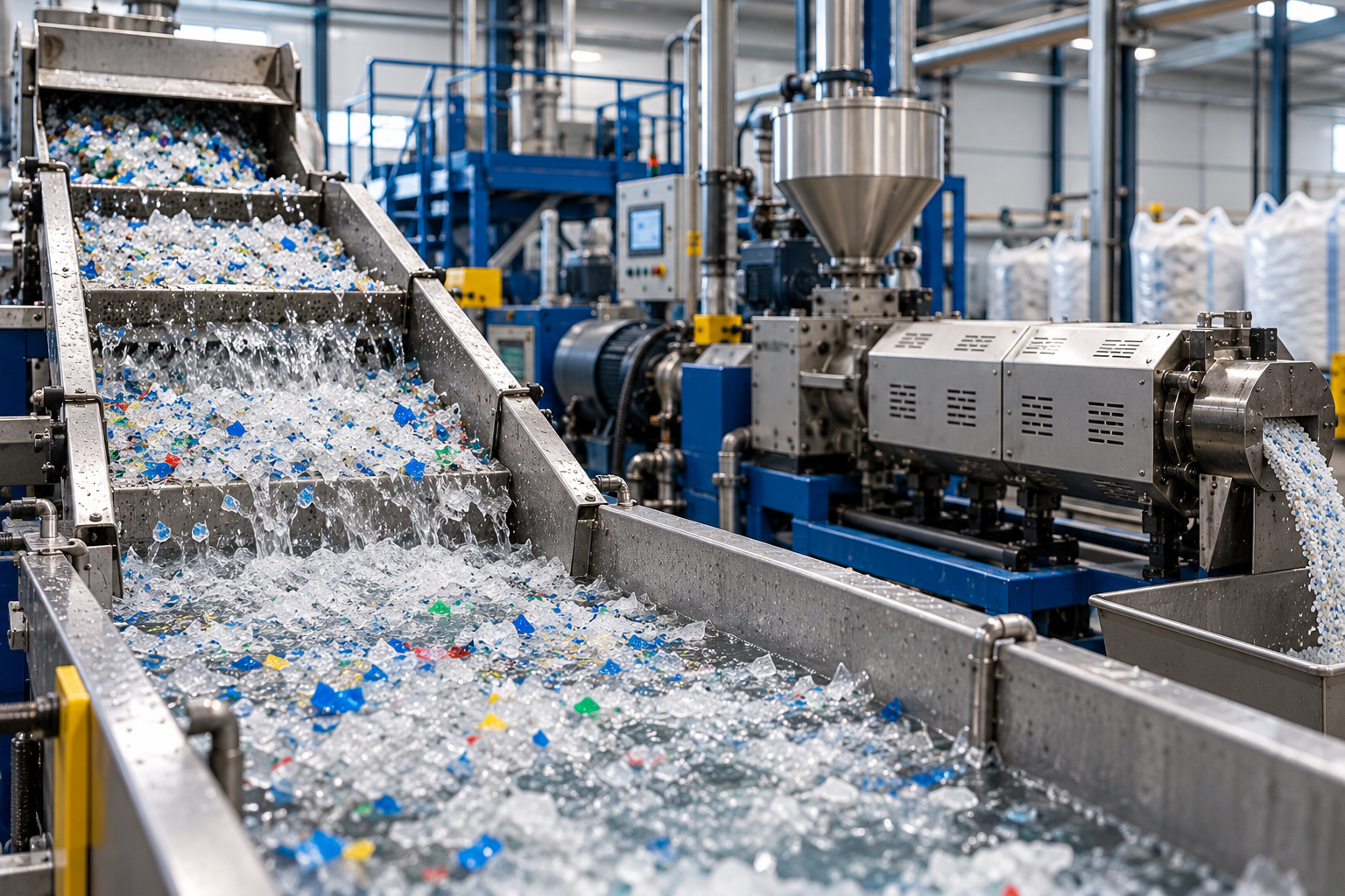línea de lavado o extrusión de reciclado en funcionamiento
