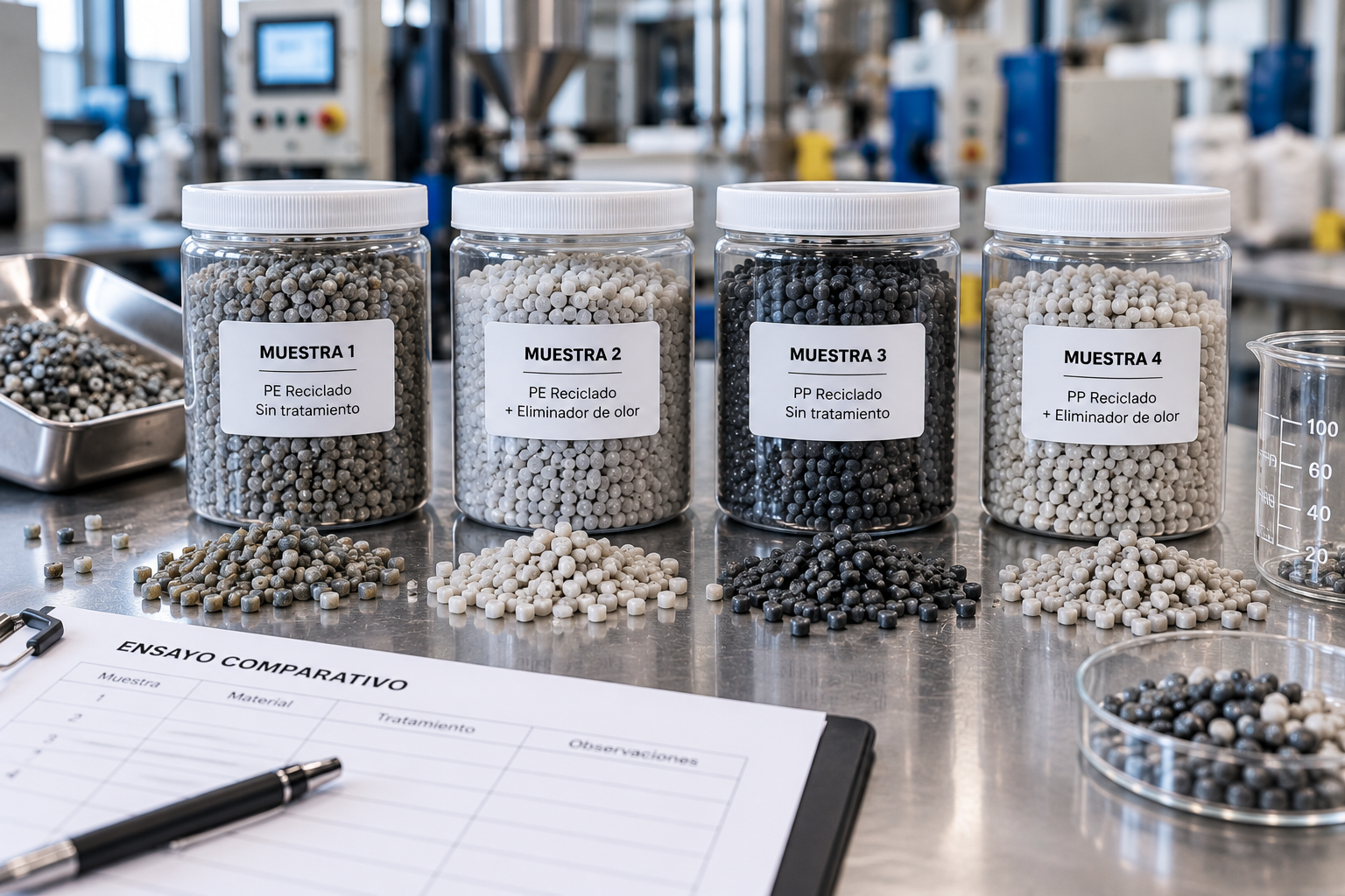 muestras de pellets reciclados etiquetadas para ensayo comparativo