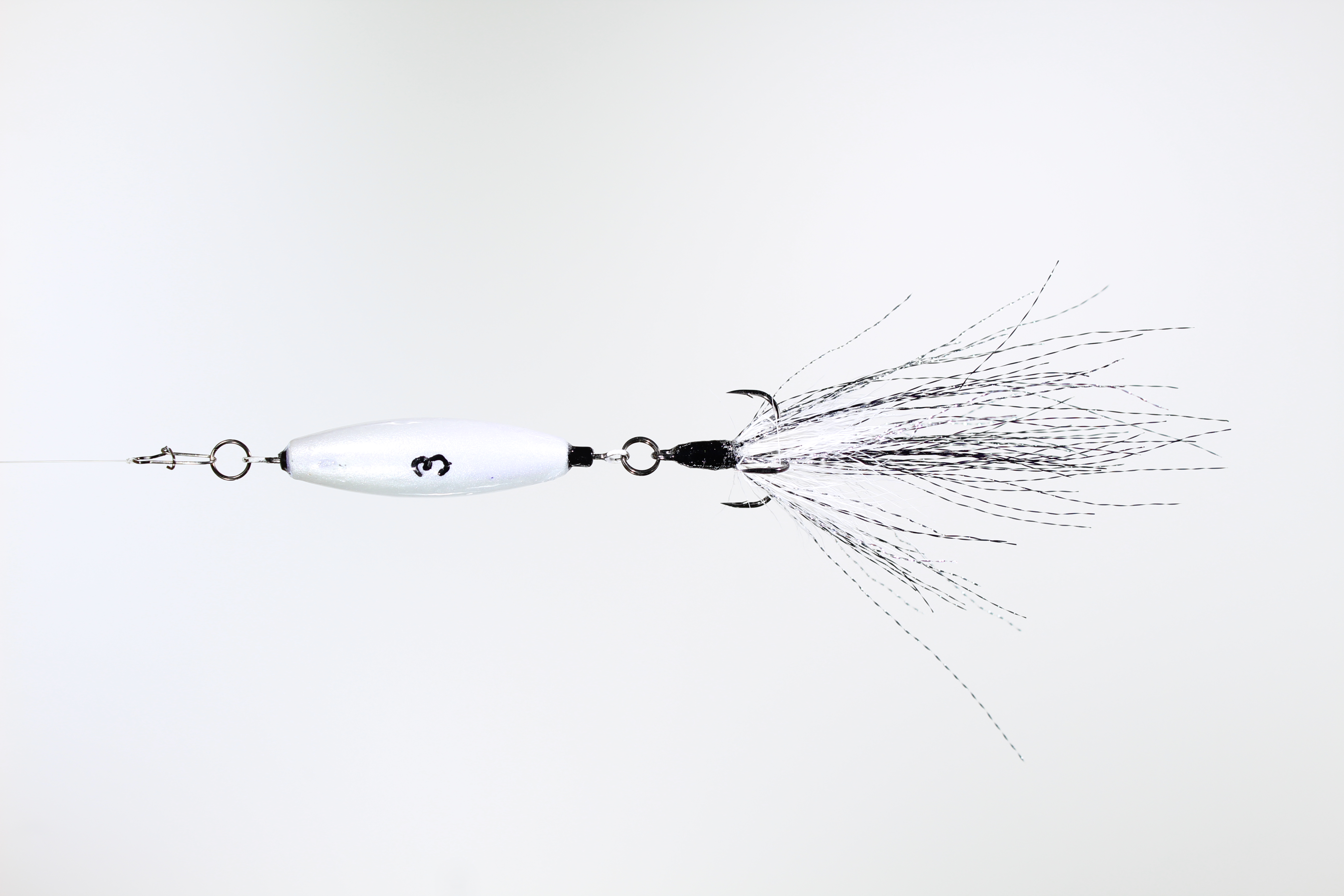 3oz VTJ in Silver Pearl with a white and black dressed treble hook.
