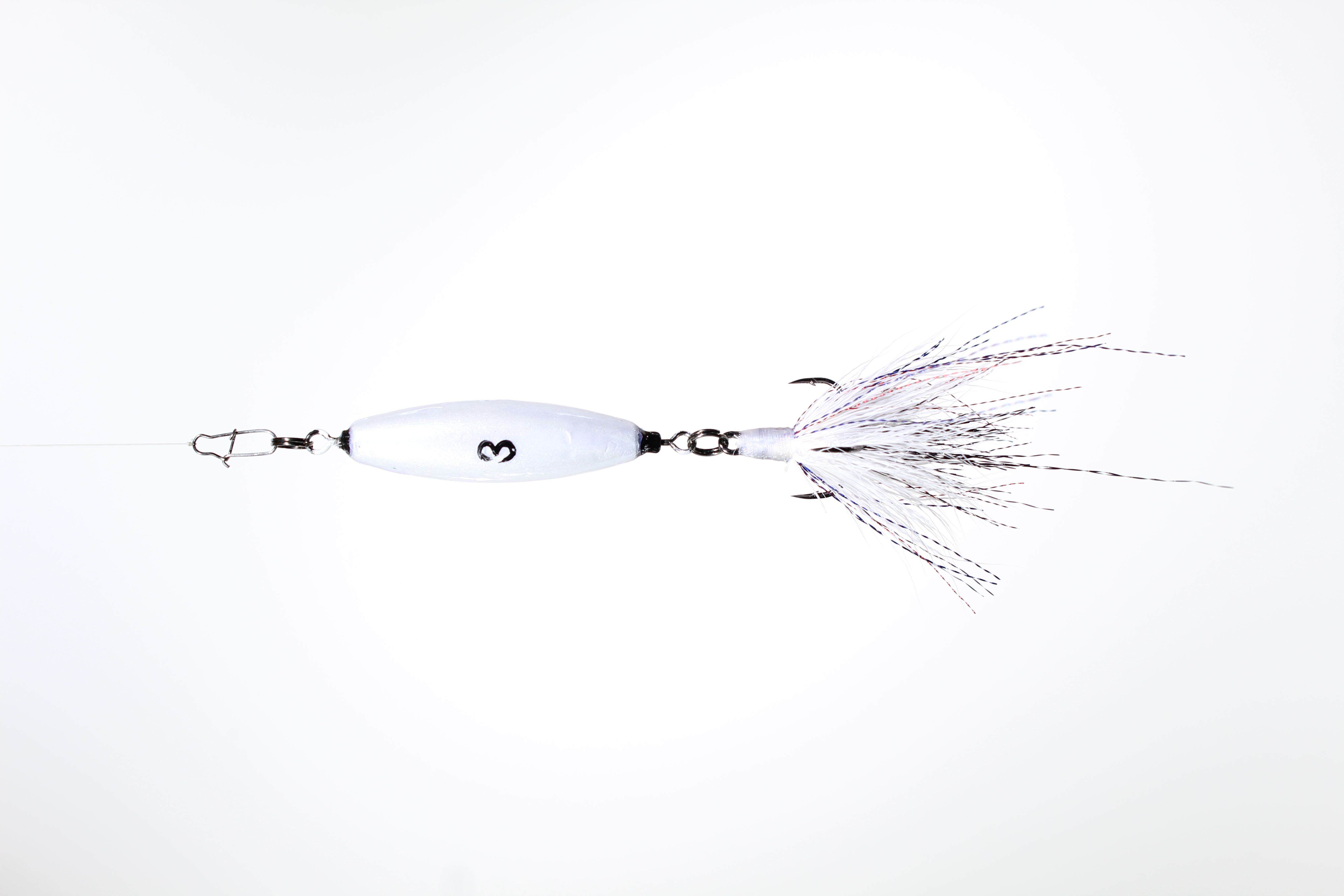 A 3oz VTJ in silver pearl with a white red and blue dressed treble hook