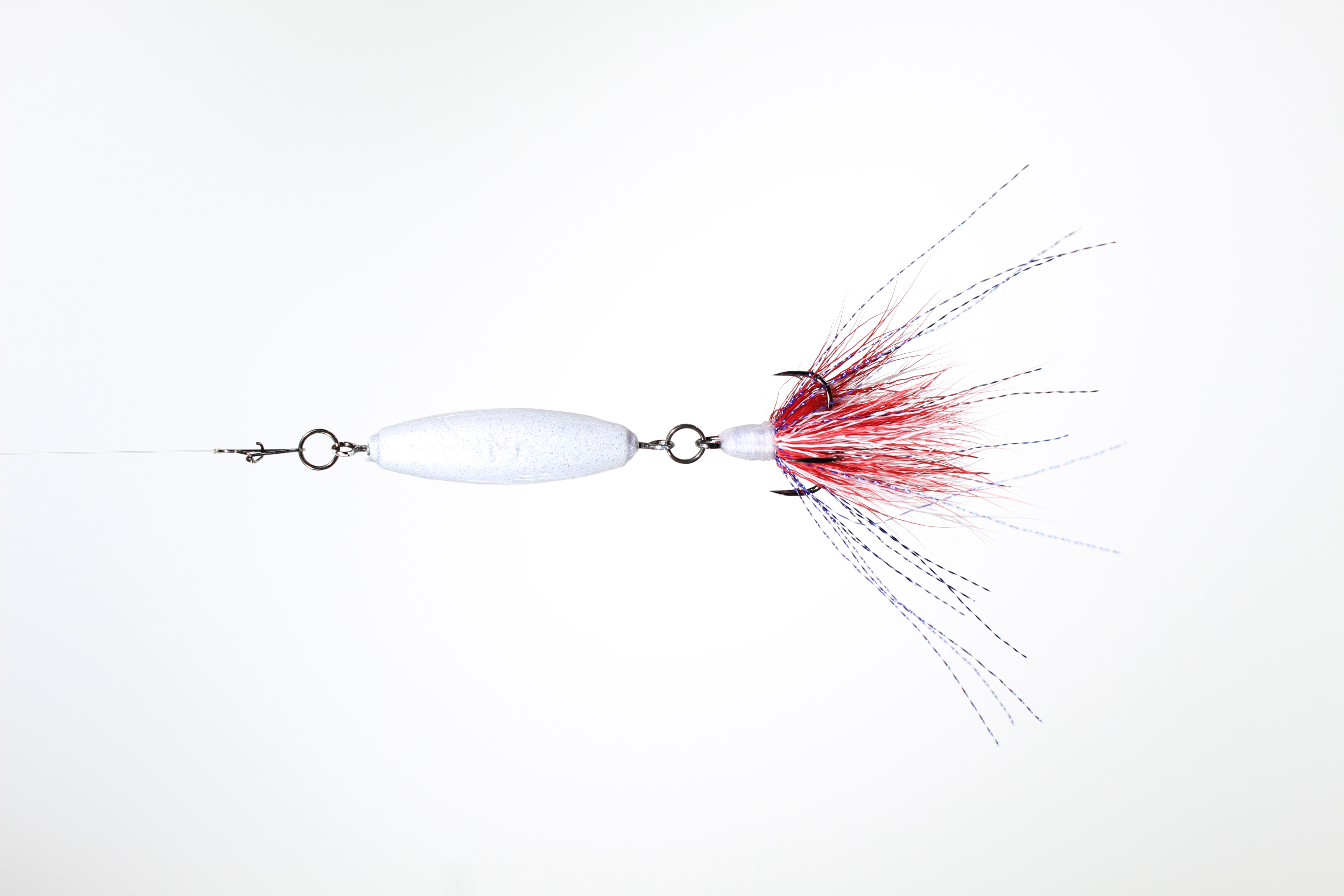 A 2oz VTJ in white sparkle with a red and white and blue dressed treble