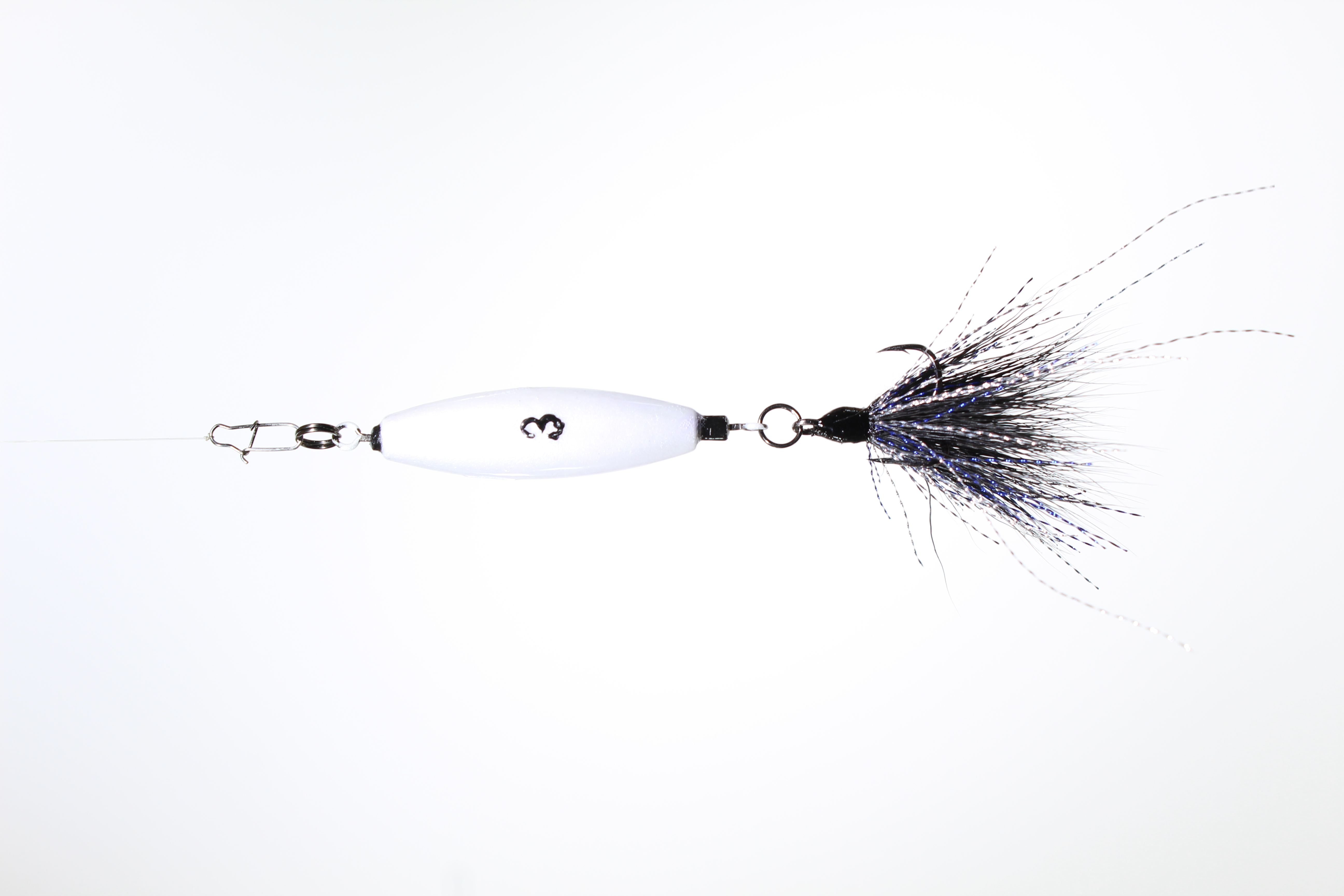A 3oz VTJ in silver pearl with a black, blue and silver dressed treble hook