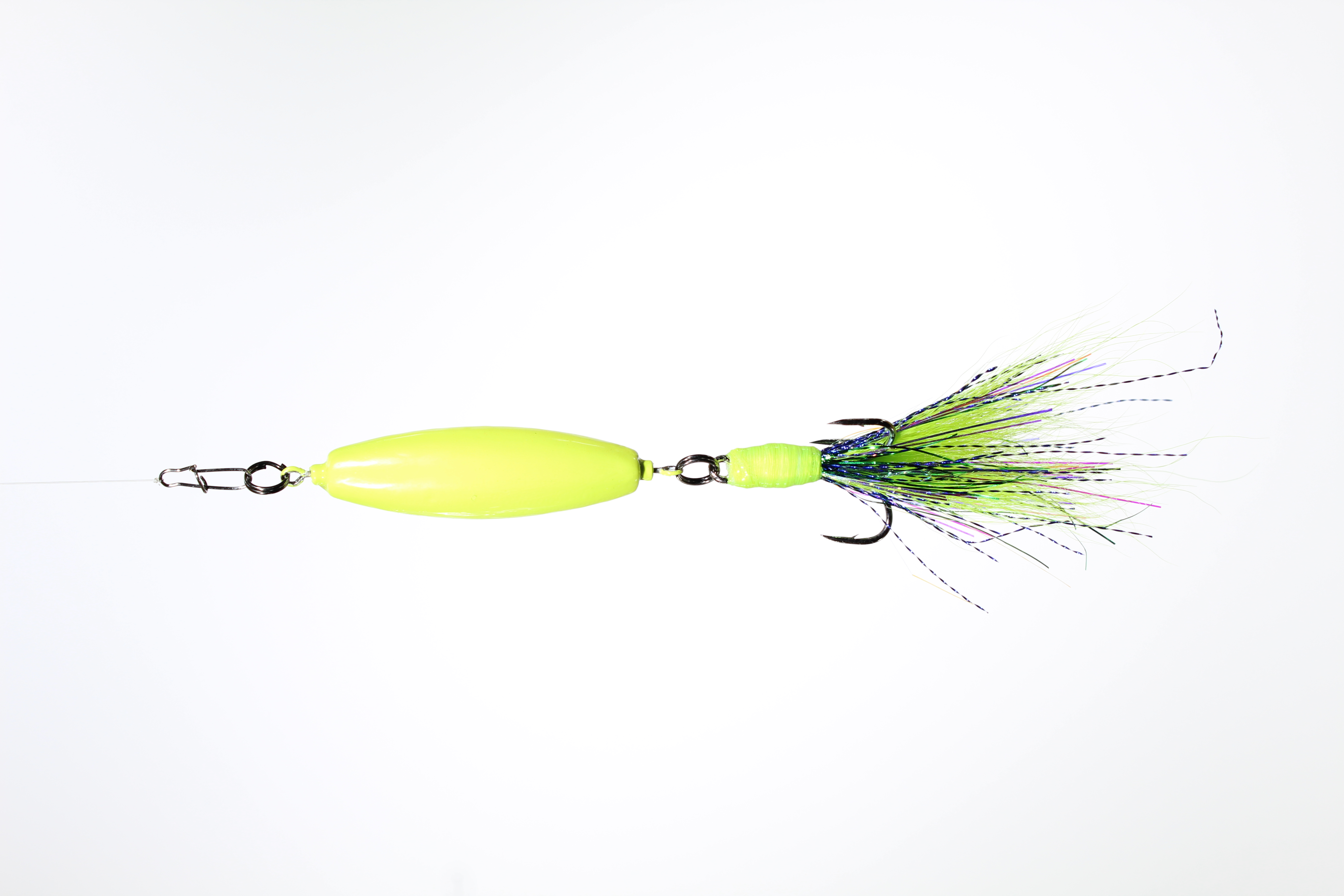 A 3oz VTJ in high vis neon green, aka chartreuse with a white and blue iridescent dressed treble. We love pearl white, but this is our second favorite color out there.