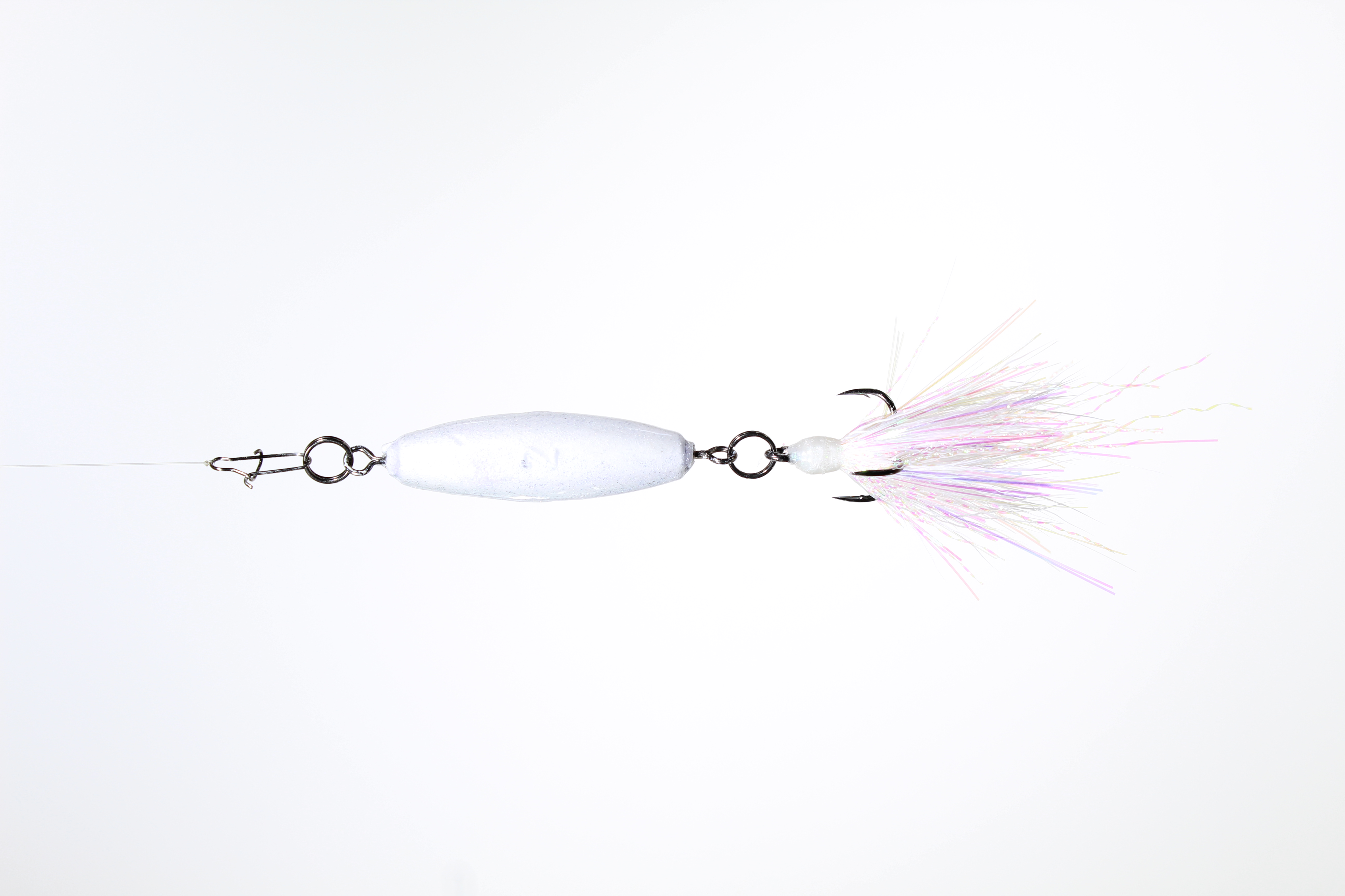 A 2oz VTJ in white sparkle with a white dressed treble hook.