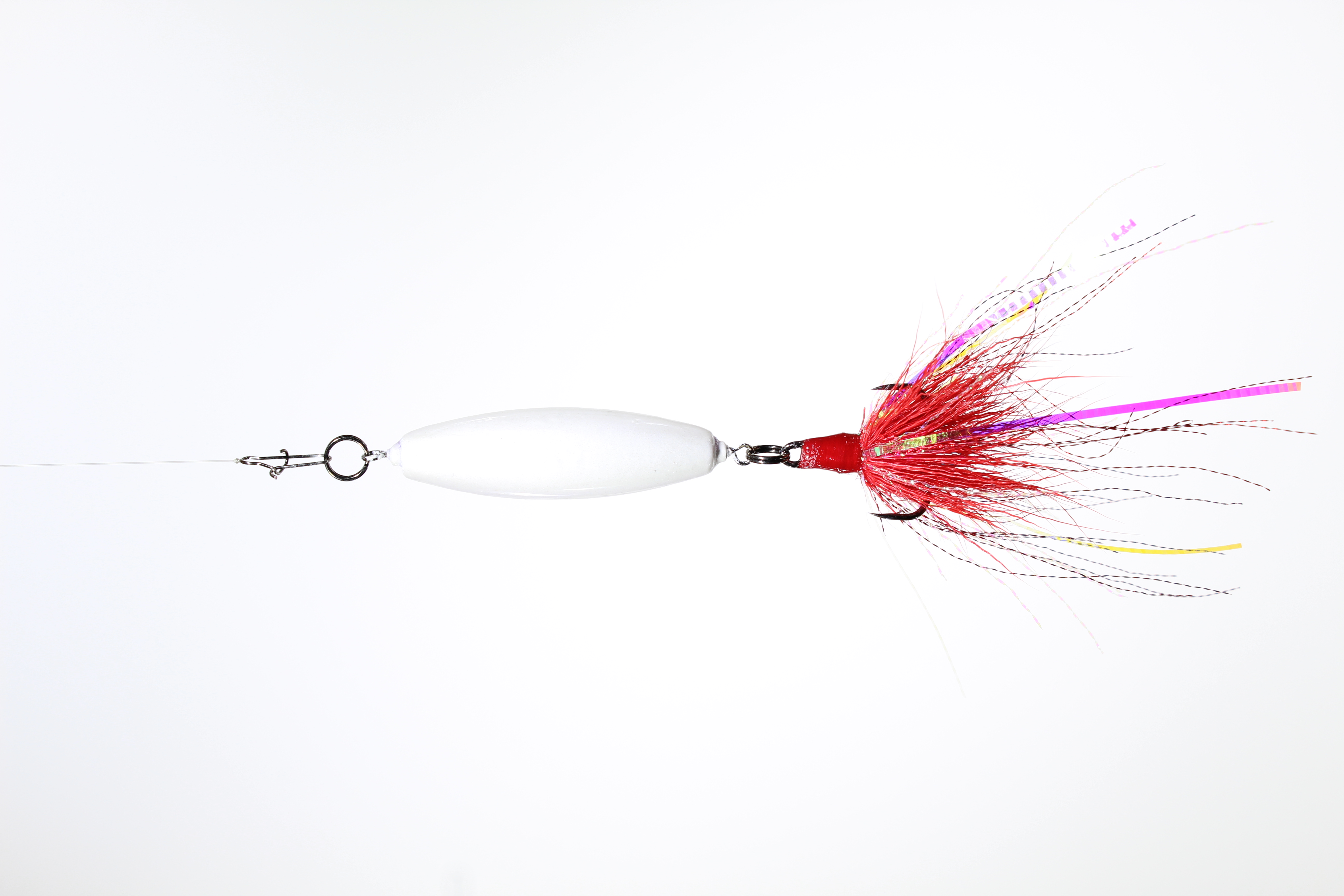 A 3oz VTJ in white diamond with a red dressed treble hook