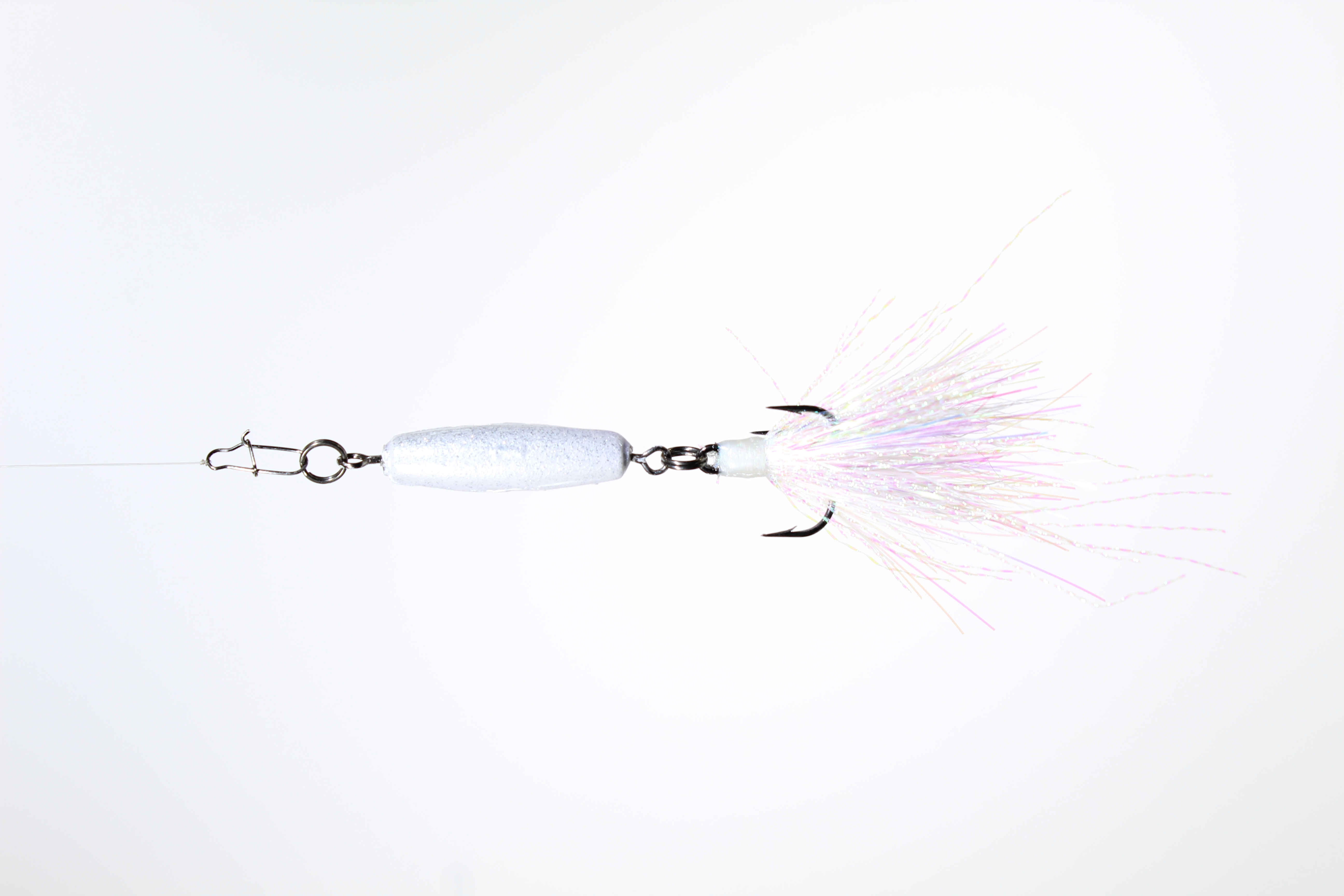 A 1oz VTJ in white sparkle with a white dressed treble hook