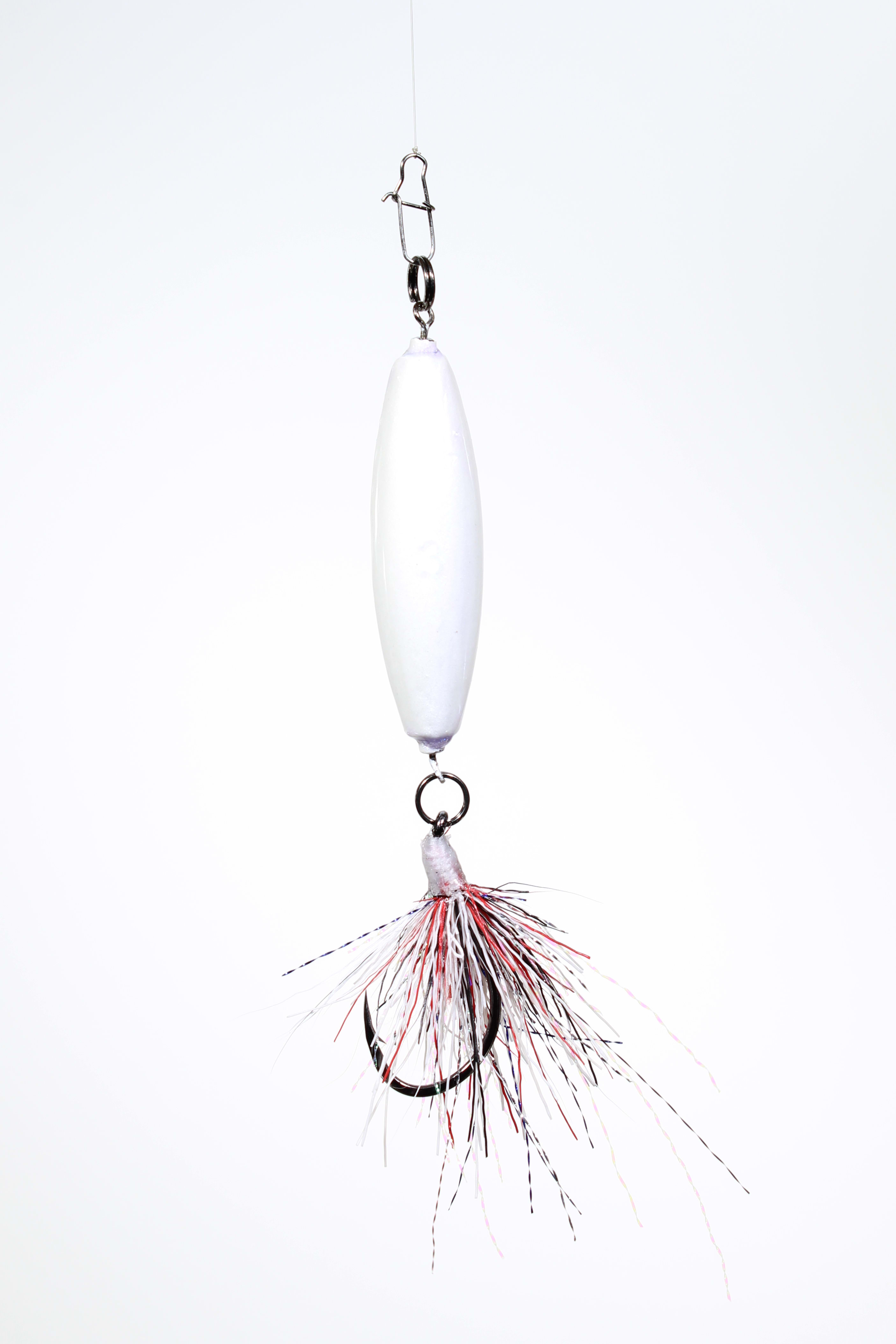 A 3oz VTJ in white diamond with a white, black and red single dressed hook.