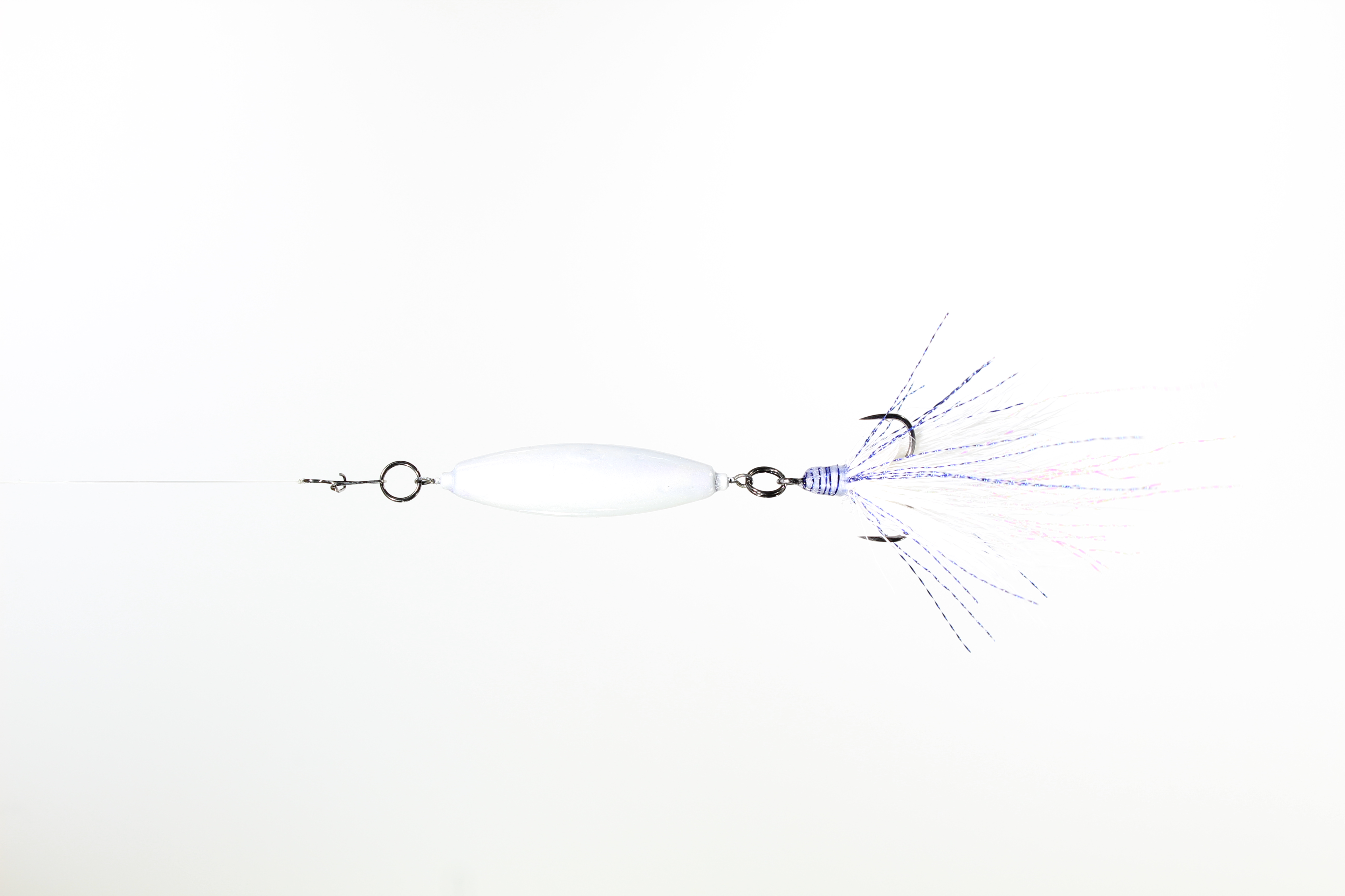 A 2oz VTJ in Black Pearl with a white and blue dressed treble hook