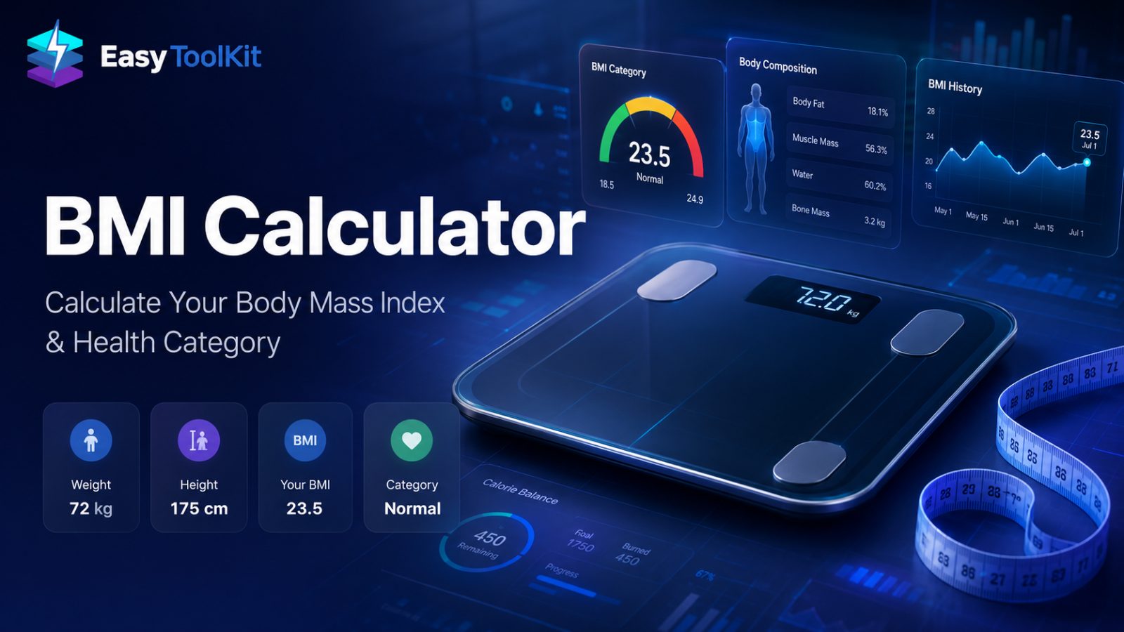 Vector illustration showing an adult BMI chart with metric and imperial formulas on a digital interface