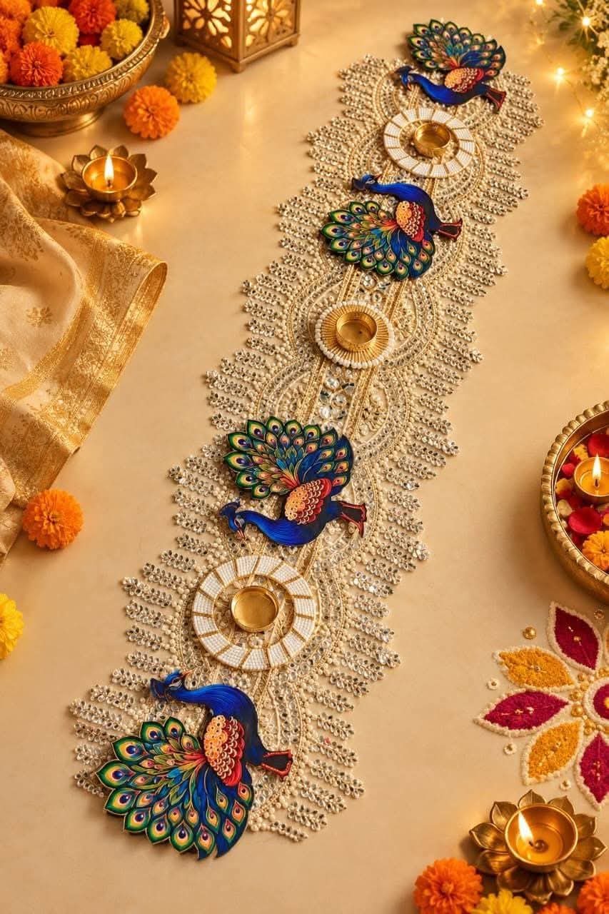 Peacock Diya Table Runner