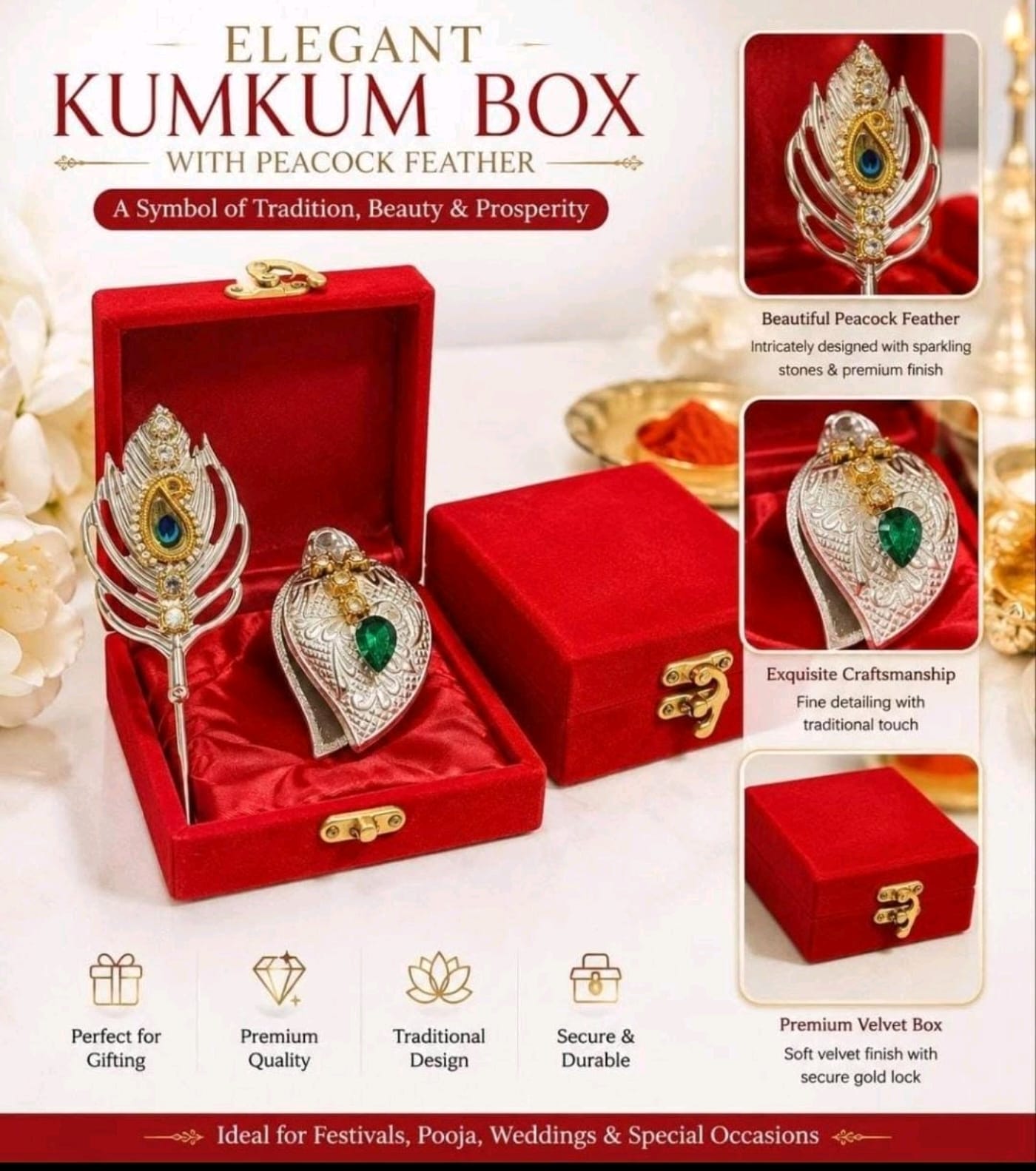 Puja Essentials Combo- Kumkum box with peacock feather