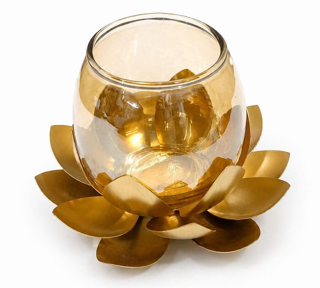 Metal Lotus diya with glass lid