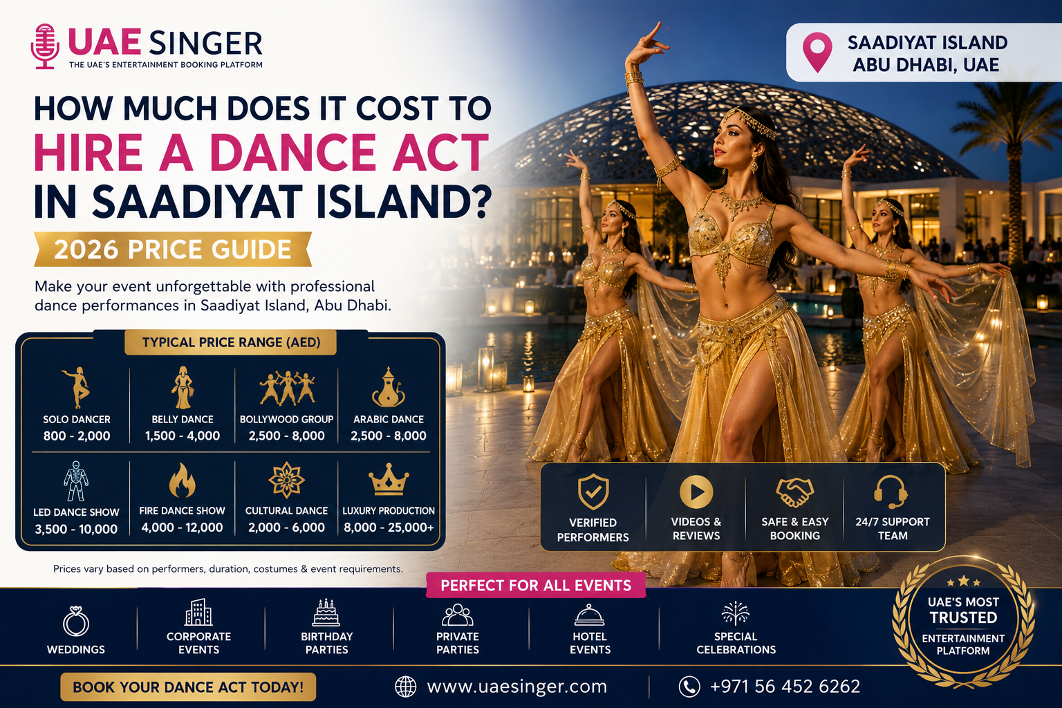 How Much Does It Cost to Hire a Dance Act in Saadiyat Island (2026 Price Guide) | UAESinger.com