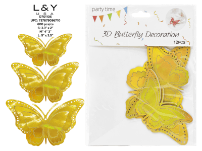 Golden 3D Butterfly Decoration - 12/pk 50bx/cs cs.50pk