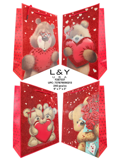 Small Red Valentine Bear Gift Bags - 12/pk 20bx/cs cs.240