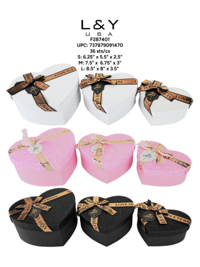 3-in-1 Glitter Heart Gift Boxes with Ribbons - 1/pk 36bx/cs cs.36
