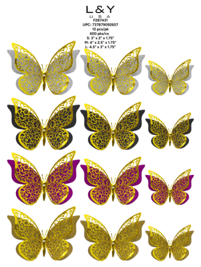 Double Layer 3D Butterfly Decorations with Pins - Set of 12 pins - 12/pk 50bx/cs cs.50pk