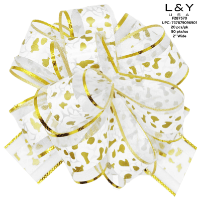 White & Gold Heart-Pattern Pull Flower Ribbon with Gold Edge - 1000 ea/... - 20/pk 50bx/cs cs.50