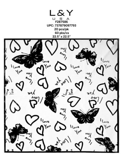 White & Black Butterfly Hearts Floral Paper - 20/pk 60bx/cs cs.60