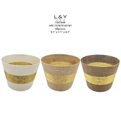 Woven Rattan Flower Pot Natural Color With Yellow Band - 6/pk 6bx/cs cs.36