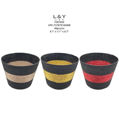 Woven Rattan Flower Pot, black with colored band - 6/pk 6bx/cs cs.36