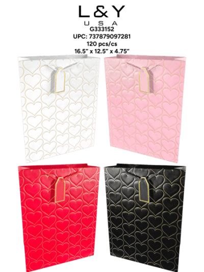 Golden Heart Pattern Gift Bags Large - 12/pk 10bx/cs cs.120