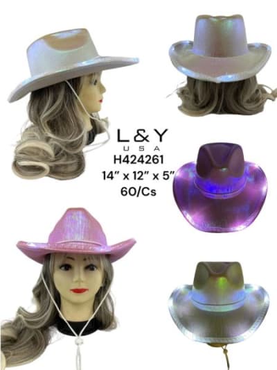 Metallic Cowgirl Hats Pink & White w/ Lights - 12/pk 5bx/cs cs.60