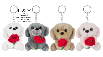 Flower Holding Puppy Plushie Keychain - 12/pk 20bx/cs cs.240