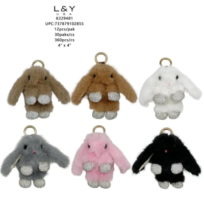 Pom Pom Bunny Keychain w/ Rhinestone - 12/pk 30bx/cs cs.360