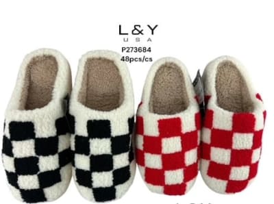 Mix Color Checkered Sherpa Slippers (36cm-41cm) - 12/pk 4bx/cs cs.48