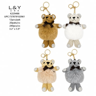 Pom Pom Bear Keychain w/ Rhinestone - 12/pk 20bx/cs cs.240