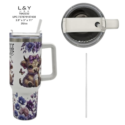 40oz Baby Highland Cow Floral Tumbler with Handle & Straw