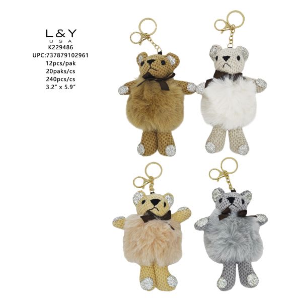 Pom Pom Bear Keychain w/ Rhinestone - 12/pk 20bx/cs cs.240