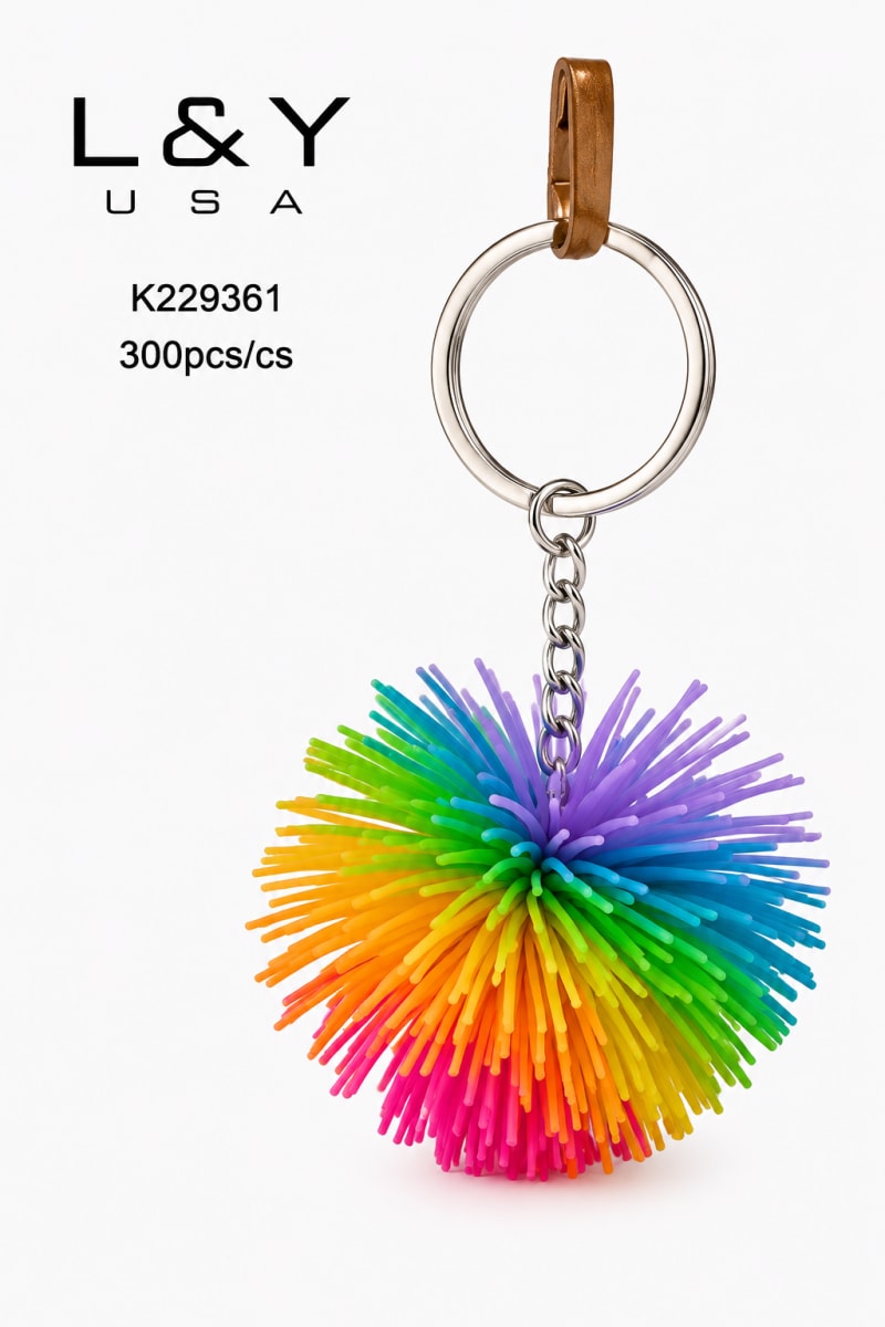 Rainbow Rubber Pom Pom Keychain - 12/pk 25bx/cs