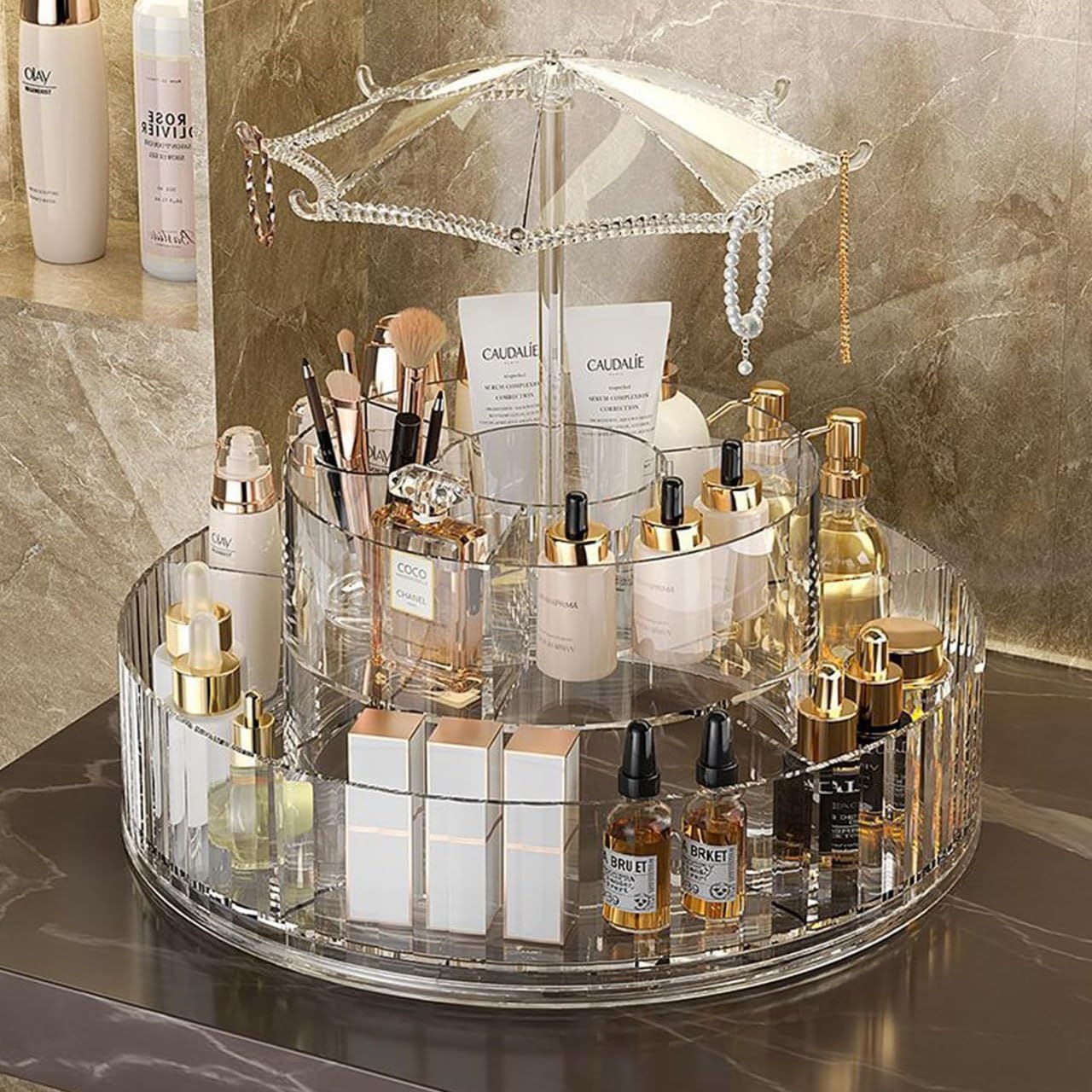 360° Rotating Umbrella Makeup Organizer – 2-Tier
