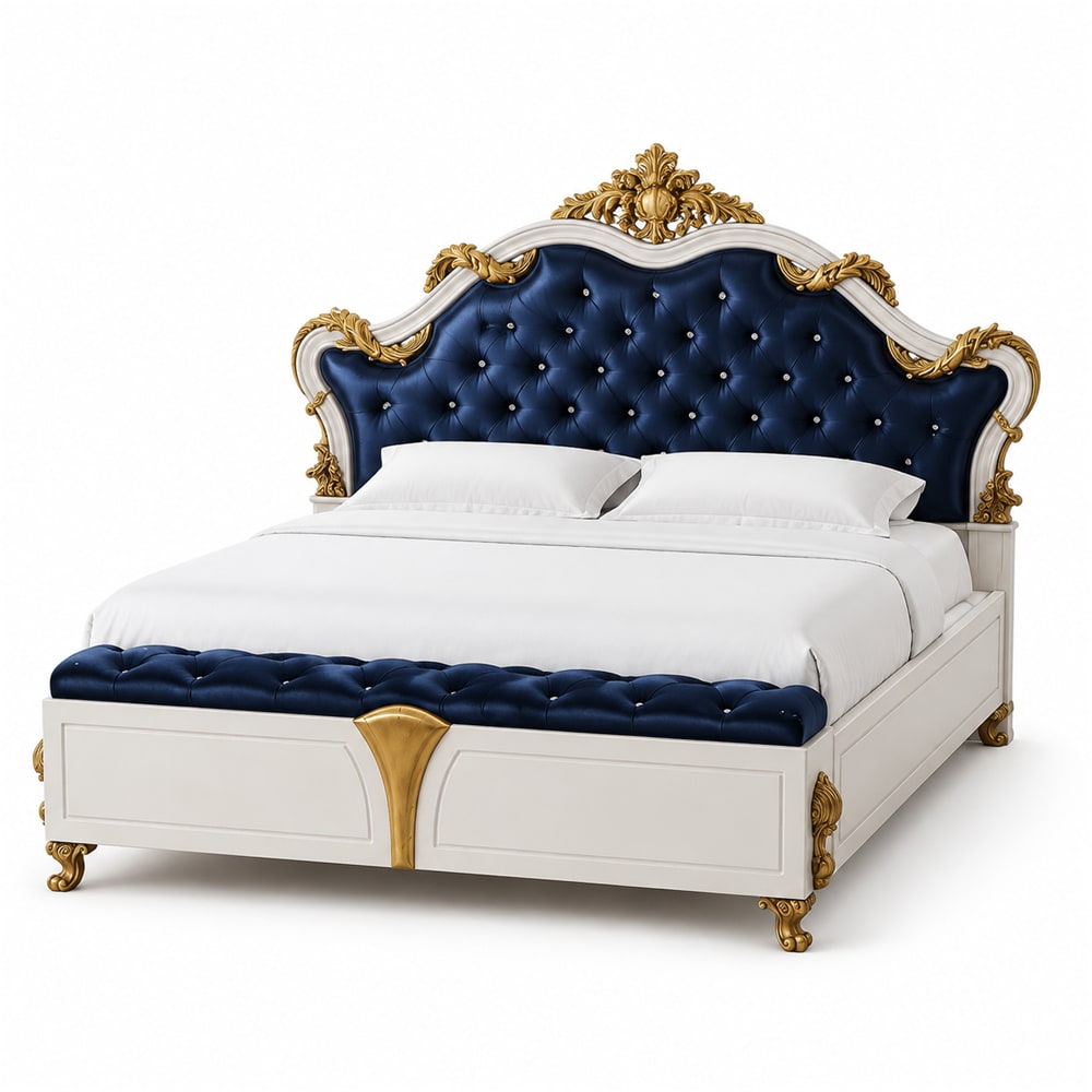 White Gold Navy Baroque Bed
