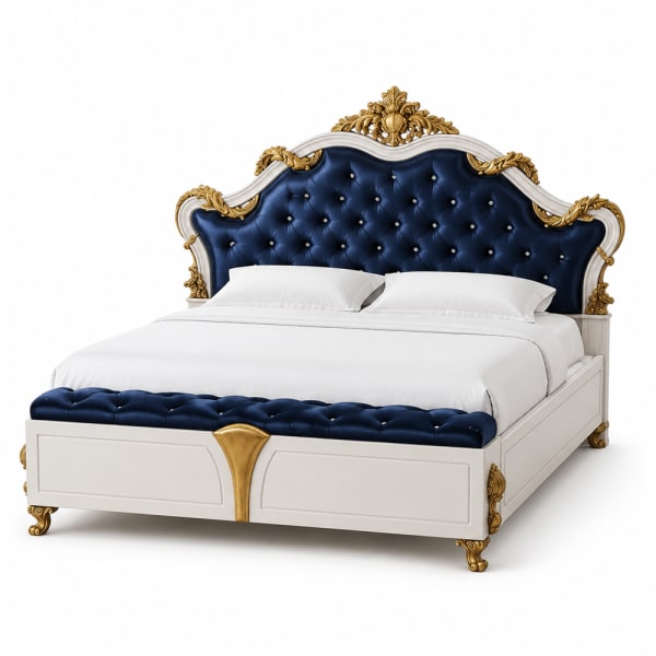 White Gold Navy Baroque Bed