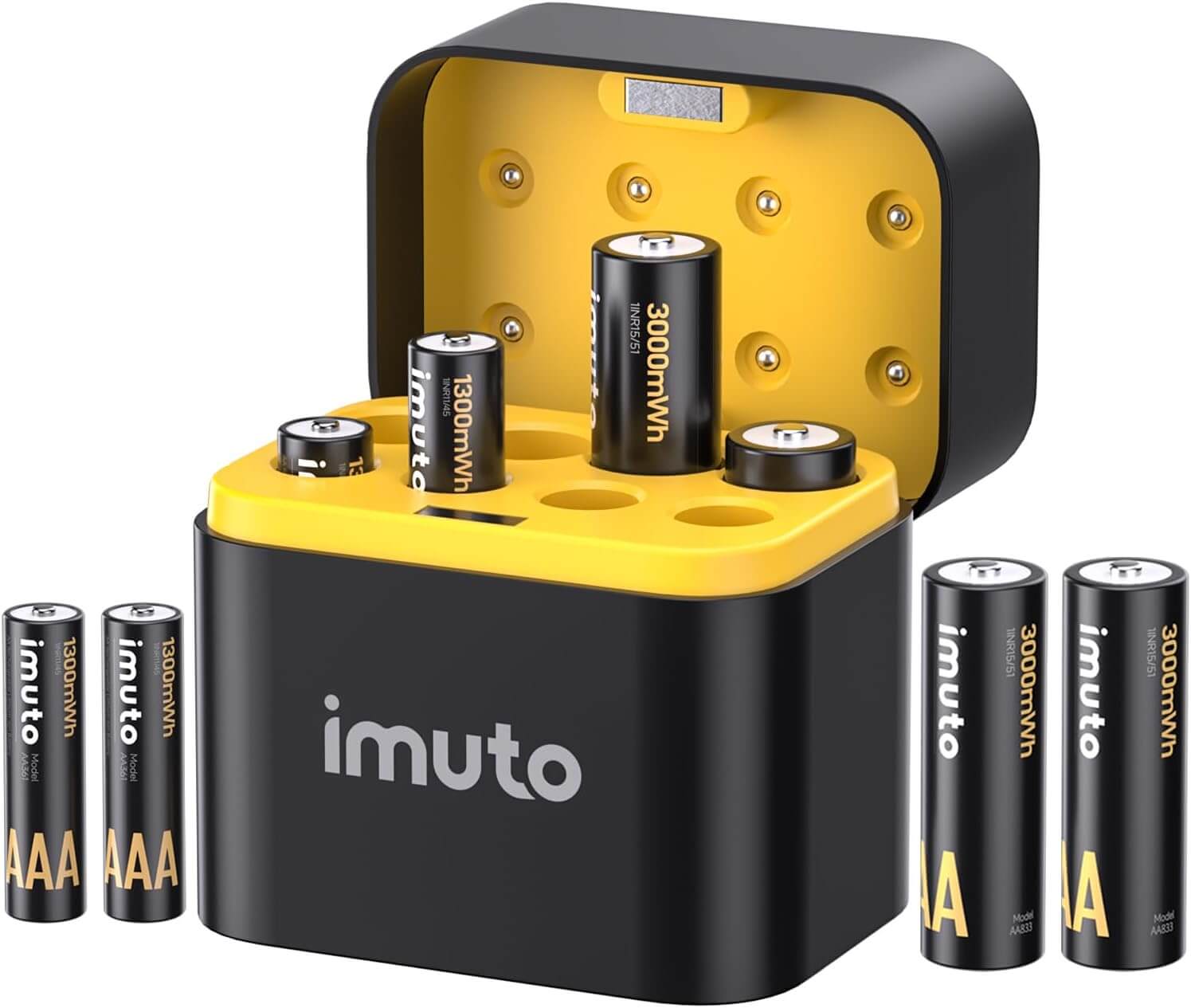 imuto TF-CD-010CE Rechargeable Lithium AA & AAA Batteries with Charger (8 Pack) – 1.5V Long Lasting Batteries with Smart Charging Storage Case
