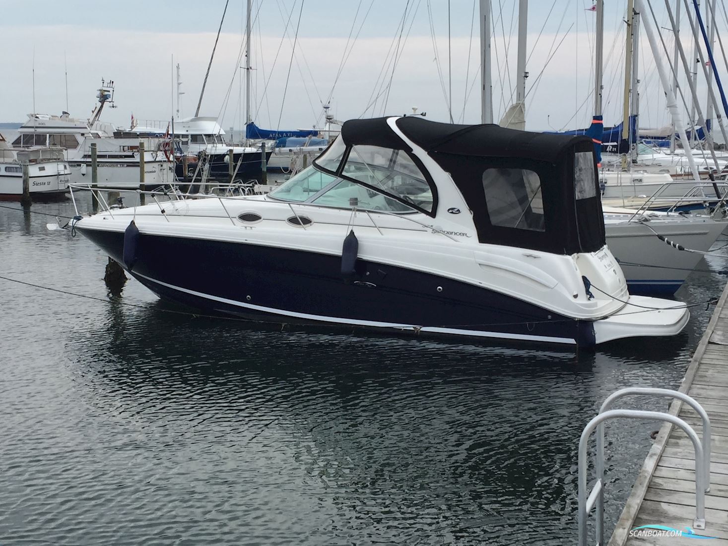 Sea Ray 330 Sundancer ved kaj i lystbådehavn