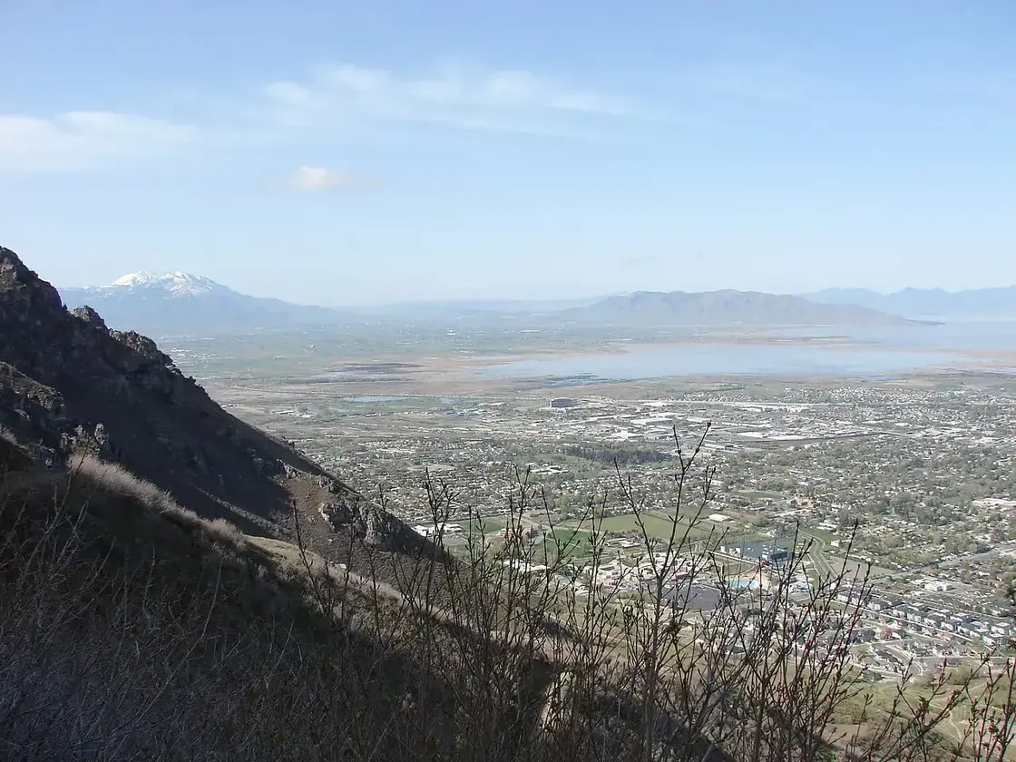 View over south Provo, Utah and Utah Lake from the Y Mountain trail