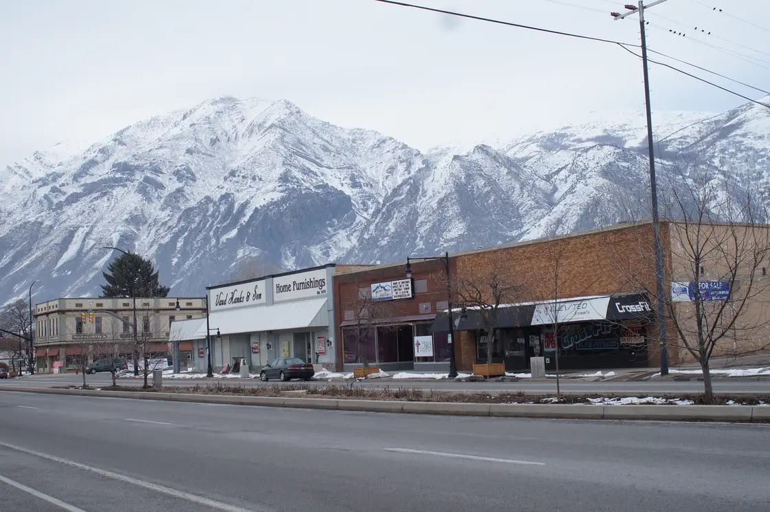 Main Street in Springville, Utah, with the Wasatch Mountains behind it