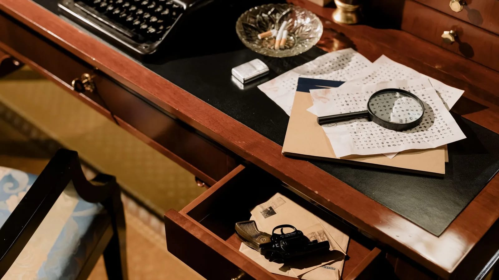 A vintage desk scattered with documents, a magnifying glass and an old typewriter