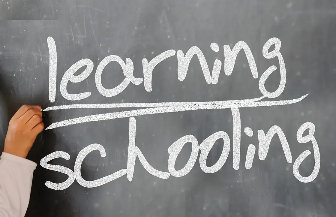 The words learning and schooling written by hand on a chalkboard