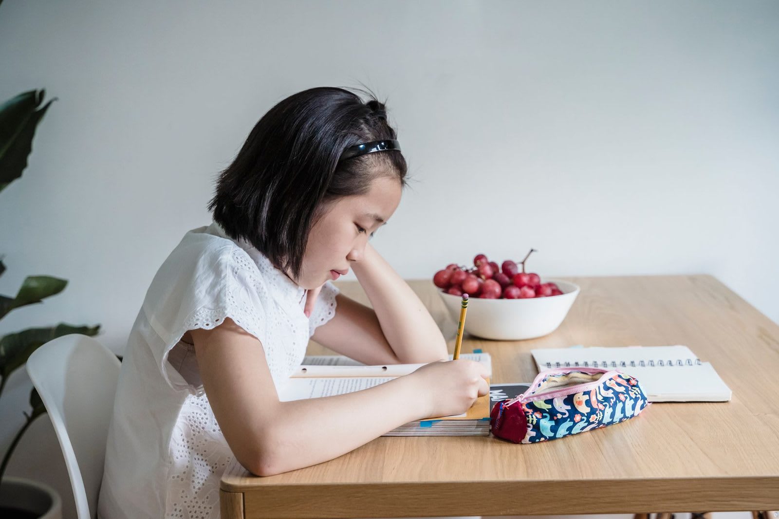 A girl writing in a notebook at a table beside a bowl of red grapes and a patterned pencil case