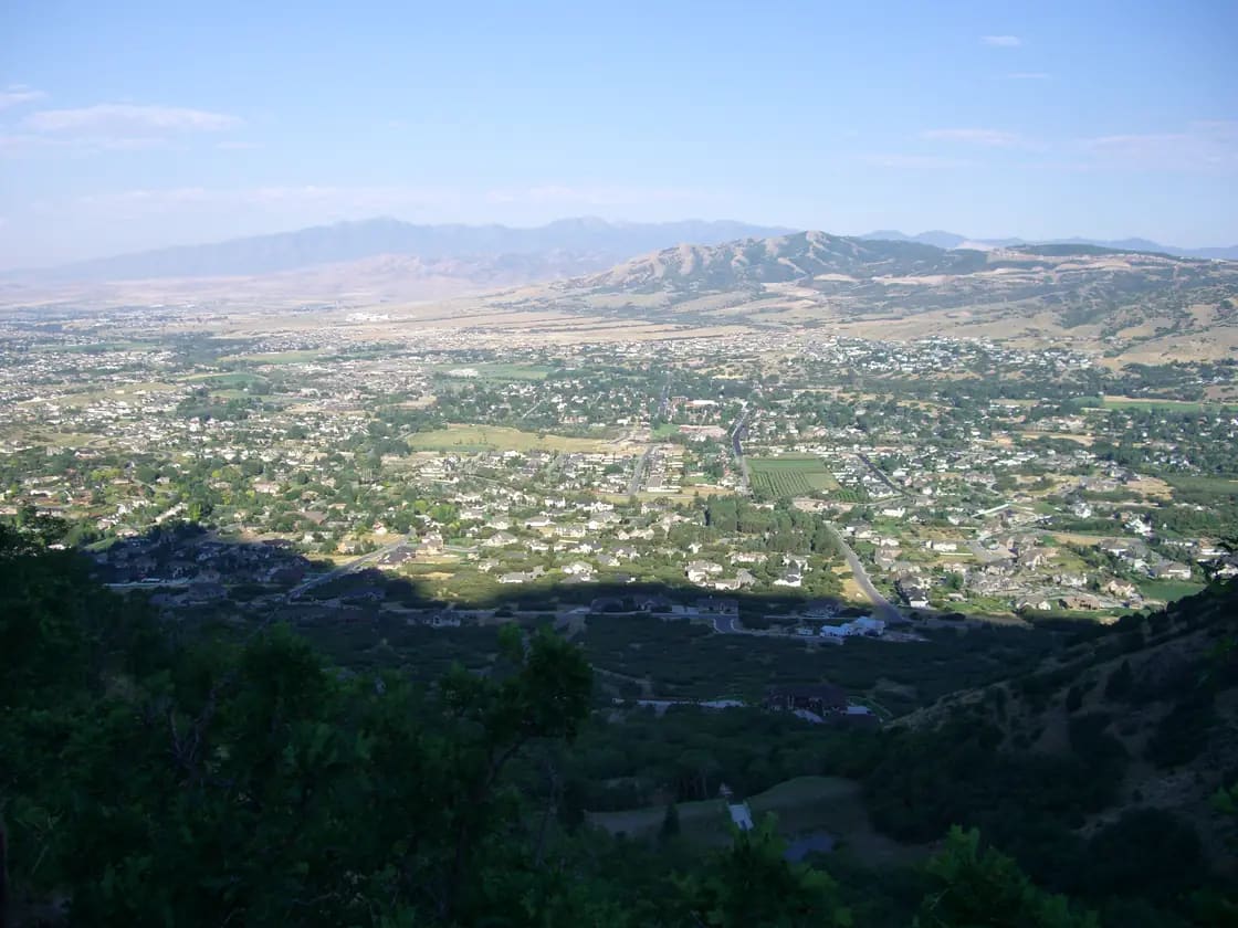 Aerial view of Alpine, Utah against the Wasatch Mountains