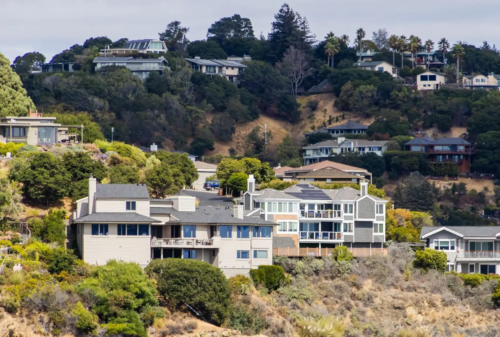 A picturesque view of modern houses on a hillside surrounded by lush greenery, showcasing urban residential architecture