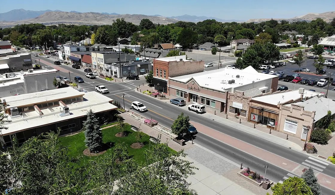 Aerial view of the Lehi Main Street Historic District in Lehi, Utah