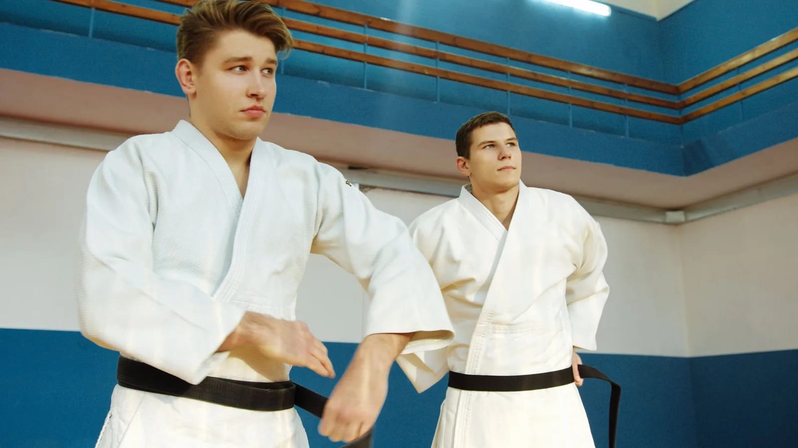 Two adult martial artists in white gi and black belts training in a gym hall
