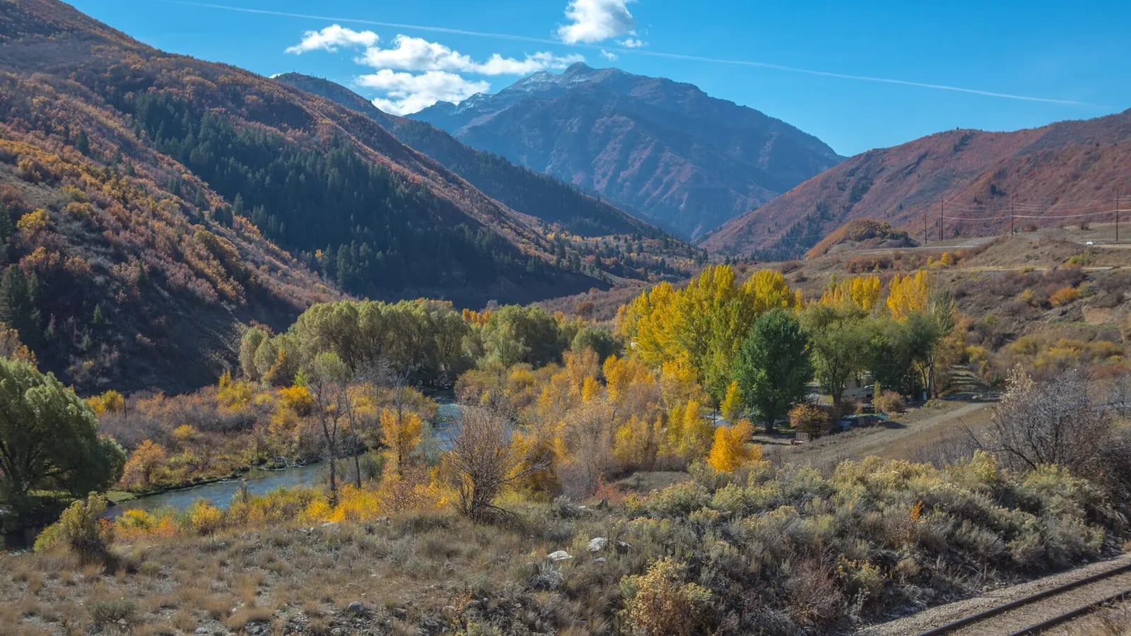 The Provo River winding through Provo Canyon below Cascade Mountain in autumn
