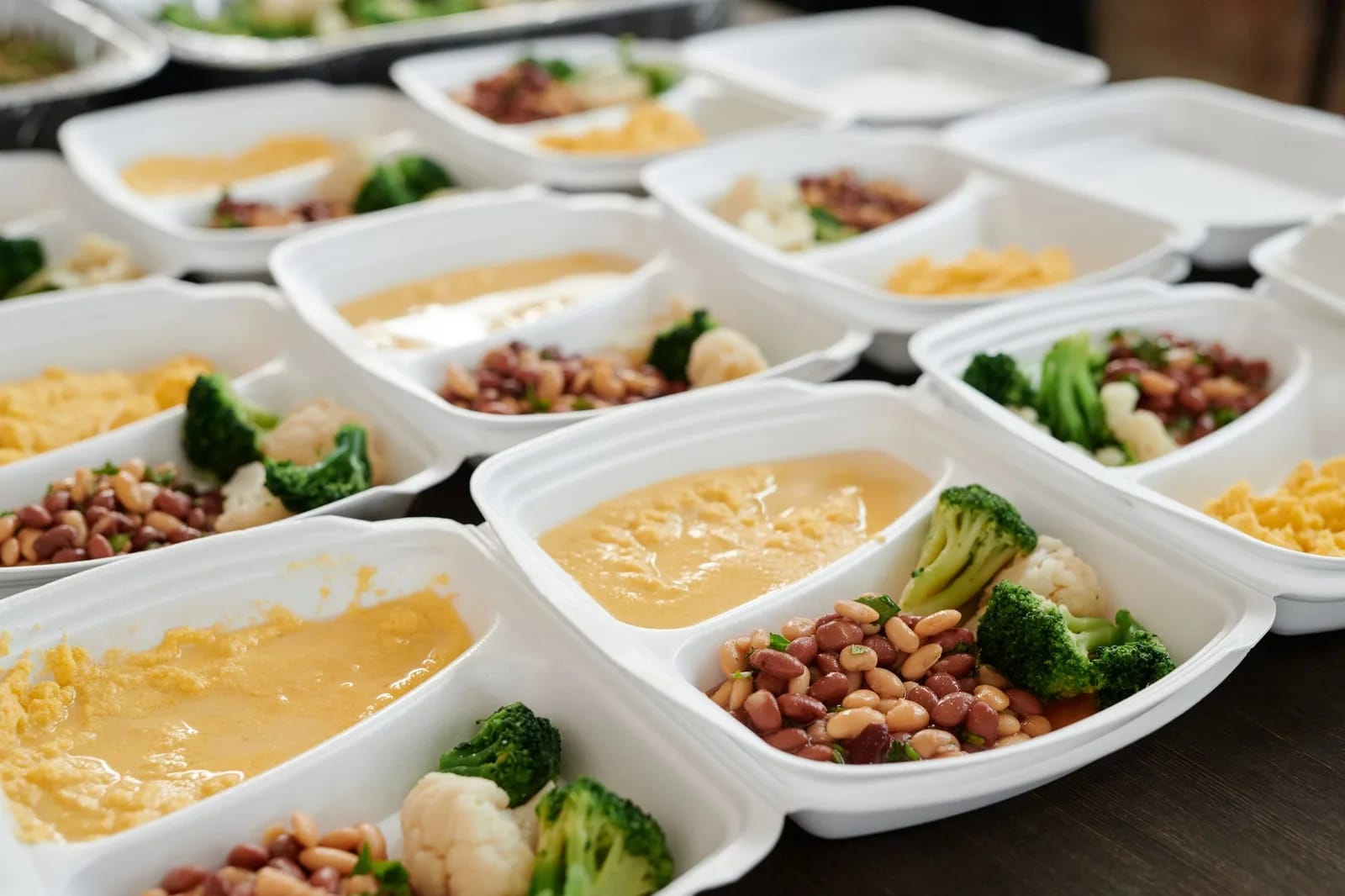 Rows of meal prep containers filled with eggs, beans and broccoli